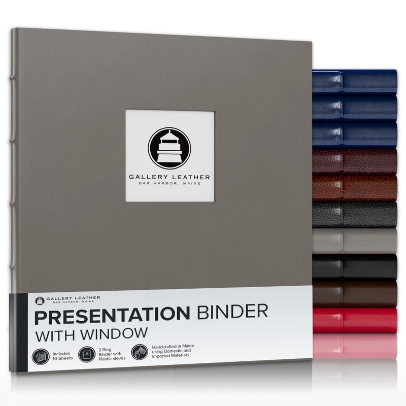 Gallery Leather 3 Ring Binder with Plastic Sleeves, Includes 10 Sheets, Sheet Size: 8.5" x 11" - Presentation Binder Rings with Window and Hubbed Spine, Thick: 0.75" Freeport Slate - Image 1